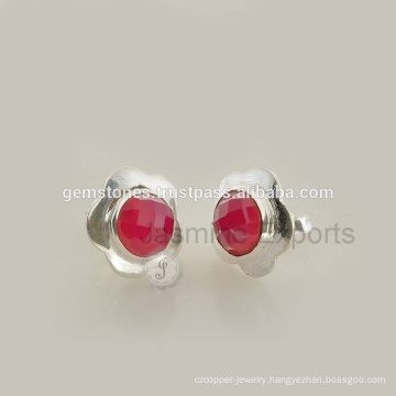 925 Sterling Silver Hot Pink Chalcedony Gemstone Stud Earring,Wholesale Natural Gemstone Bezel Stud Earrings Jewelry Exporter